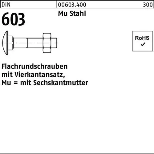 Flachrundschraube DIN 603 Vierkantansatz/6-ktmutter M12x60 Mu Stahl 4.6 100St. Gratis Versand